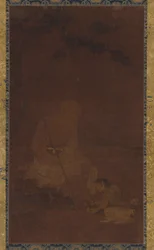 Lohan sentado, um atendente ajoelhado diante dele, dinastia Yuan ou Ming, 1279-1644.