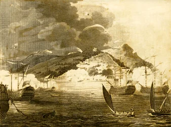 Lord Exmouths Fleet bombardeando a cidade de Argel, 1816.