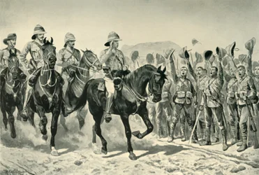 Lord Roberts aplaudiu pelas tropas em sua chegada ao Wonder River, 1901.