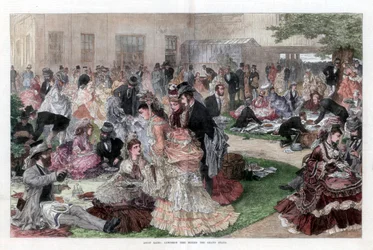 Hora do almoço atrás do grande stand, corridas de Ascot, 1872