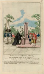 Máquina proposta à Assembleia Nacional pelo Sr. Guillotin para o suplício dos criminosos, cerca de 1790.