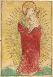 Madonna e criança em uma glória de pé em uma lua crescente, 14501460.