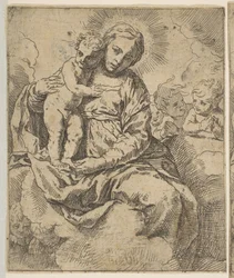 Madonna e Child sentados nas nuvens e cercados por anjos, copiam ao contrário a ..., ca.1639 ou depois.