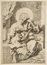 Madonna e criança com um pássaro, copie ao contrário depois de Cantarini, ca. 1635-1636 ou depois.