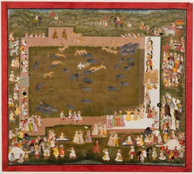 O marajá Sangram Singh e sua corte observam uma luta entre tigres e javalis em Sadri, c. 1720