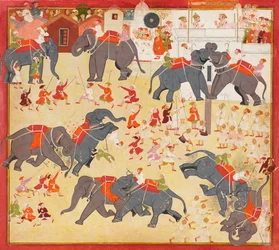 Maharana Raj Singh observando uma luta de elefantes, ca. 1670-1675.