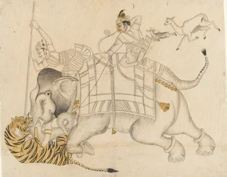 Maharao Shatru Sal II 1866-89 Caçando um tigre, ca. 1866-89.