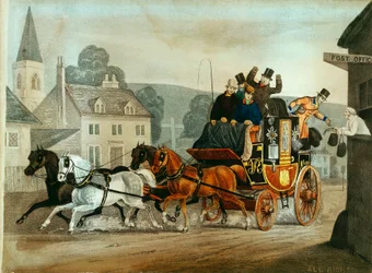 Treinador de correio na corrida de Bath para Londres, c1840