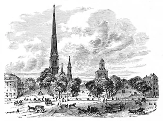 Main Street, Buffalo, em frente às Igrejas, 1883
