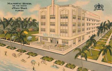Hotel majestoso no oceano. Miami Beach, Flórida, c1940s