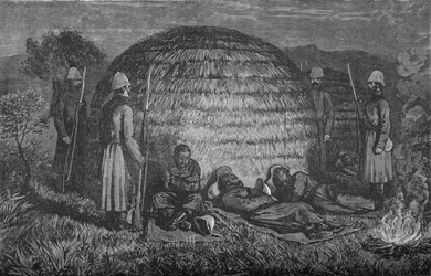 Major Marter e seus homens guardando Cetewayo no Kraal, c1880