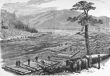 Fazendo jangadas no rio Susquehanna. Uma cena na linha da ferrovia Erie, 1883