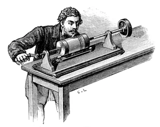 Gravação no primeiro modelo do fonógrafo Thomas Edisons, c1878
