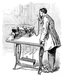 Fazendo gravações no Emile Berliners Gramophone, c1887
