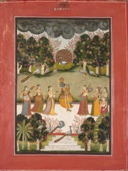 Malar Ragini: Krishna tocando flauta para sete gopis segurando instrumentos musicais ..., c. 1760