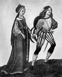Traje masculino e feminino, do final do século XV ao início do século XVI, 1910