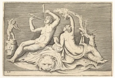 Homem tocando duas flautas e mulher em Lionskin, publicado ca. 1599-1622.