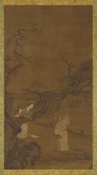 Homem e mulher apreciando flores de ameixeira, dinastia Ming ou Qing, séculos XV-XVIII.