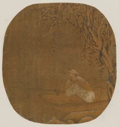 Homem pescando de um barco debaixo de uma árvore, possivelmente dinastia Ming, 1368-1644.