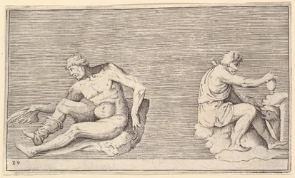 Homem com asa, homem com vaso e cachorro, publicado ca. 1599-1622.