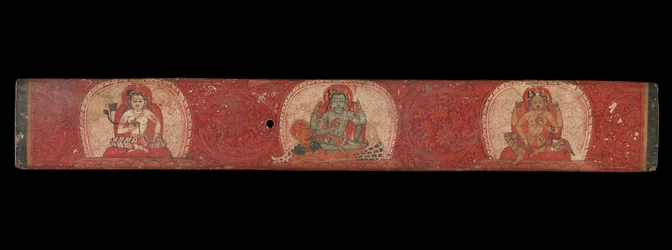 Capa do manuscrito com Vishnu ladeado por Lakshmi e Sarasvati, século XIV.