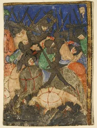 Corte de Manuscrito mostrando uma cena das Escrituras Hebraicas, ... a Vida do Rei Davi, ca. 1400.