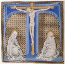 Iluminação Manuscrito com Crucificação em T inicial, de um Missal, ca. 1400.