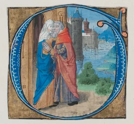 Iluminação do manuscrito com Joachim e Anna em um G inicial com Joachim e Anna ..., século XV