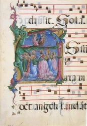 Iluminura de manuscrito com a Assunção da Virgem numa inicial A..., italiana, 1450-60.