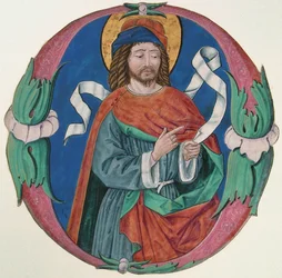 Iluminação manuscrita com a figura de um santo em inicial O, italiano, ca. 1480.