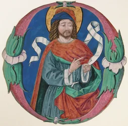 Iluminação do manuscrito com a figura de um santo em uma inicial O, ca. 1480