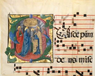 Iluminura de manuscrito com a Apresentação no Templo numa inicial S, de um gradual, 1450-60.