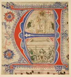 Folha do manuscrito mostrando uma inicial iluminada A ..., segunda metade do século XIV-início do século XV.