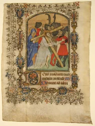 Folha do manuscrito de um livro de horas ... Iluminada inicial D e Cristo carregando a cruz, 1390-140