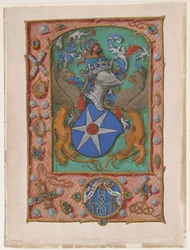 Folha do manuscrito com brasão, de um livro de horas, ca. 1500.
