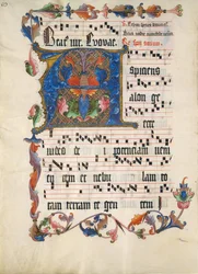 Folha do manuscrito com a inicial A, de um antifônico, ca. 1425-50.