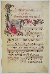 Folha Manuscrito com inicial E, de um antifonário, italiano, século XVI.