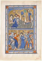 Folha do manuscrito com a agonia no jardim e a traição de Cristo, de um Saltério Real, ca. 1270