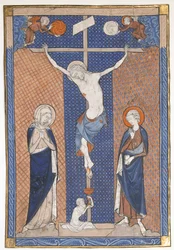 Folha do manuscrito com a crucificação, de um Missal, ca. 1270-80.