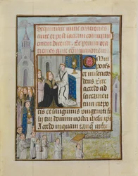 Folha do manuscrito com a sagrada comunhão, de um livro de horas, ca. 1500.
