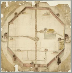  Mapa de 1530 mostrando os muros de Haia, Holanda, planeados mas nunca executados
