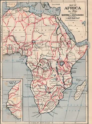 Mapa da África em 1891 mostrando rotas de exploradores