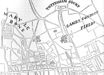 Mapa de Rathbone Place e sua vizinhança, Westminster, Londres, 1746 1878