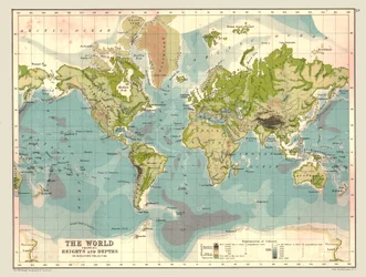 Mapa do mundo mostrando altitudes e profundidades, 1902