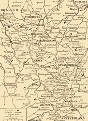 Mapa que mostra a fronteira entre a França e a Alemanha, Primeira Guerra Mundial, c. 1915, c. 1920