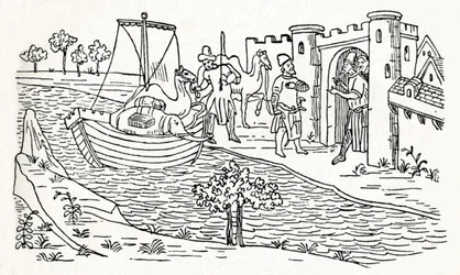 Marco Polo Lands em Ormuz, c1300, 1912