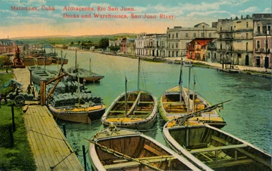 Matanzas, Cuba. Armazéns, Rio San Juan. Docas e armazéns, Rio San Juan, c1910