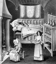 Matrona e servo na câmara de doentes, c1470, 1910