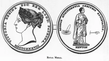 Medalha mostrando Sir Isaac Newton, matemático inglês