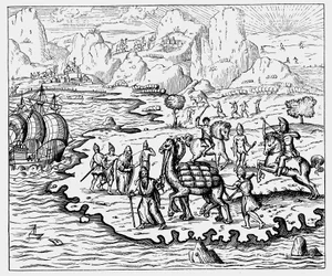 Comerciantes transportando mercadorias para a costa e um navio à espera de camelo, 1575